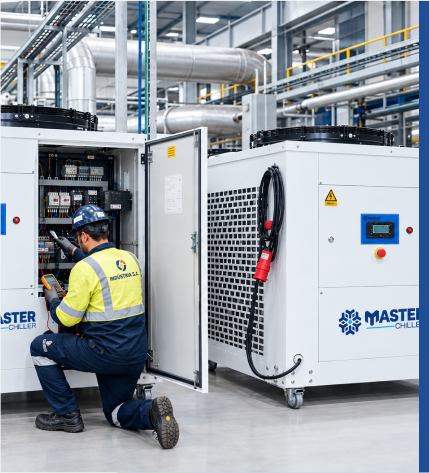 Técnico realizando manutenção em equipamento Master Chiller