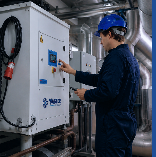 Técnico Master Chiller operando equipamento de controle térmico industrial
