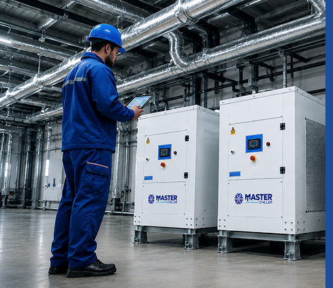 Técnico acompanhando equipamentos industriais Master Chiller